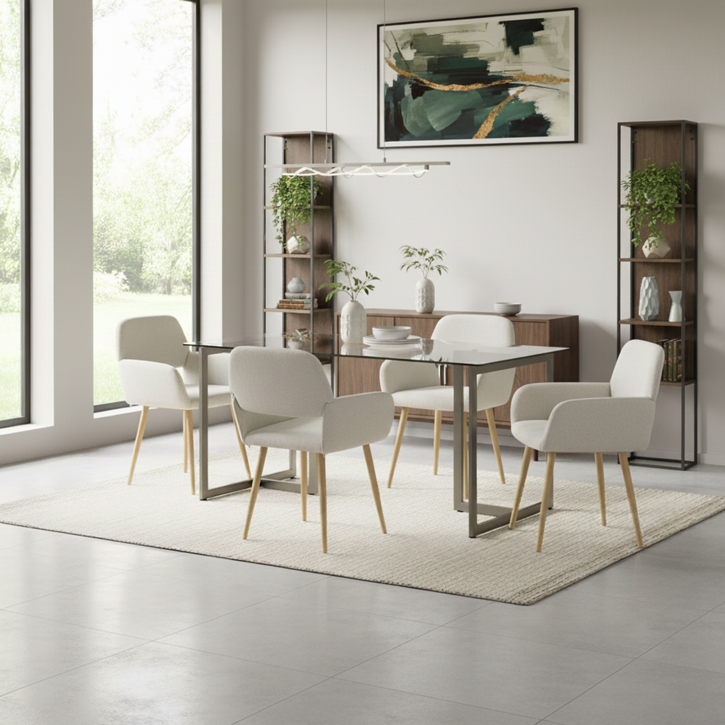 Slip Glass Dining Table Set with Mayfair Side Chairs, 5-Piece Set, Beige