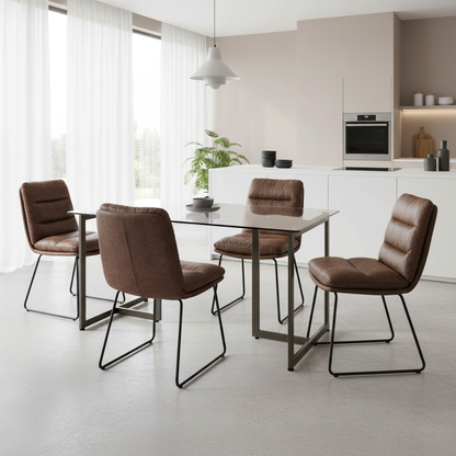 Slip Glass Dining Table Set with Steffen Side Chairs, 5-Piece Set, Faux Leather Brown