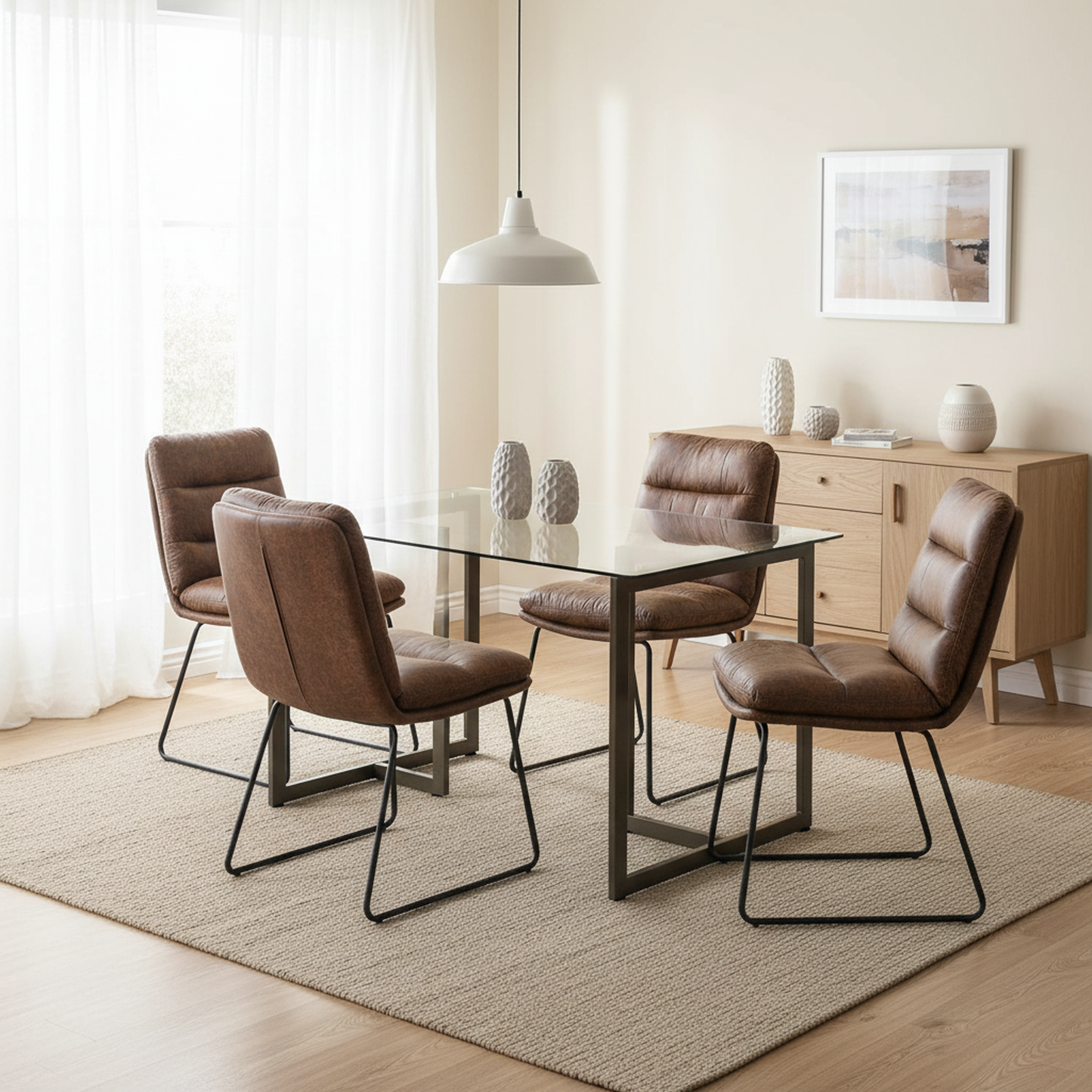 Slip Glass Dining Table Set with Steffen Side Chairs, 5-Piece Set, Faux Leather Brown