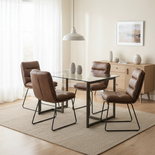 Slip Glass Dining Table Set with Steffen Side Chairs, 5-Piece Set, Faux Leather Brown