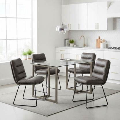 Slip Glass Dining Table Set with Steffen Side Chairs, 5-Piece Set, Faux Leather Grey
