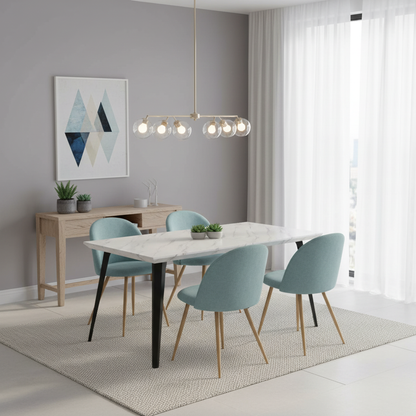 Stan White Marble Dining Table Set with Puz Side Chairs, 5-Piece Set, Aloe Fabric