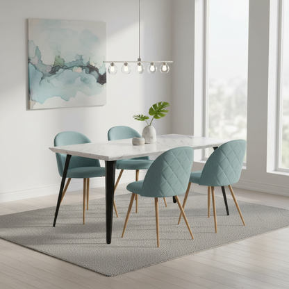 Stan White Marble Dining Table Set with Puz Side Chairs, 5-Piece Set, Aloe Fabric