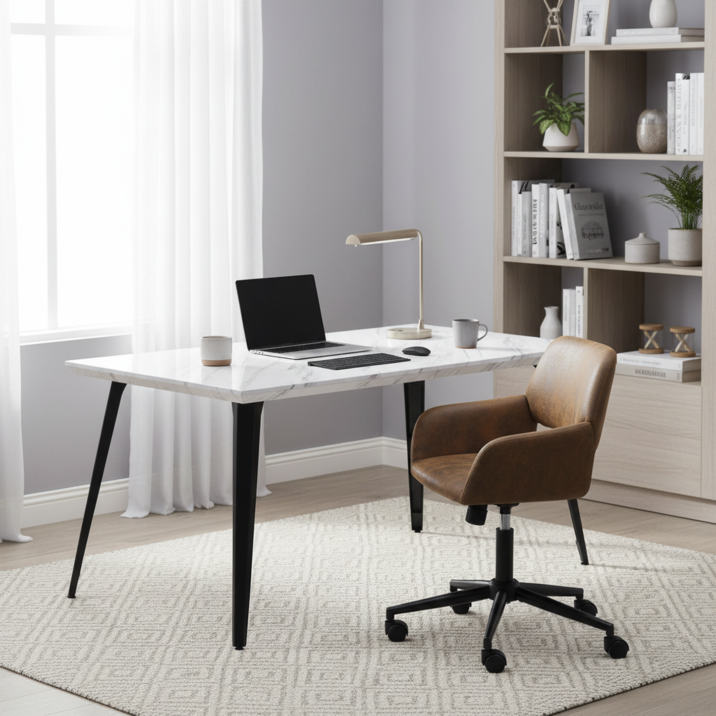 Stan White Marble Desk with Ross Swivel Task Chair, 2-Piece Home Office Bundle, Brown Faux Suede