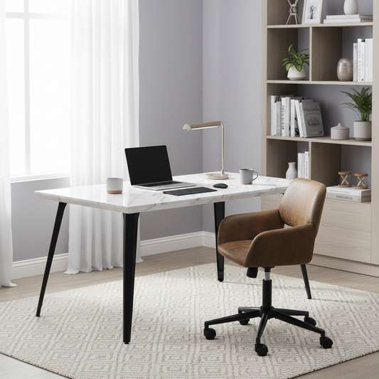 Stan White Marble Desk with Ross Swivel Task Chair, 2-Piece Home Office Bundle, Brown Faux Suede