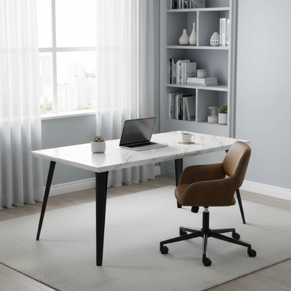 Stan White Marble Desk with Ross Swivel Task Chair, 2-Piece Home Office Bundle, Brown Faux Suede