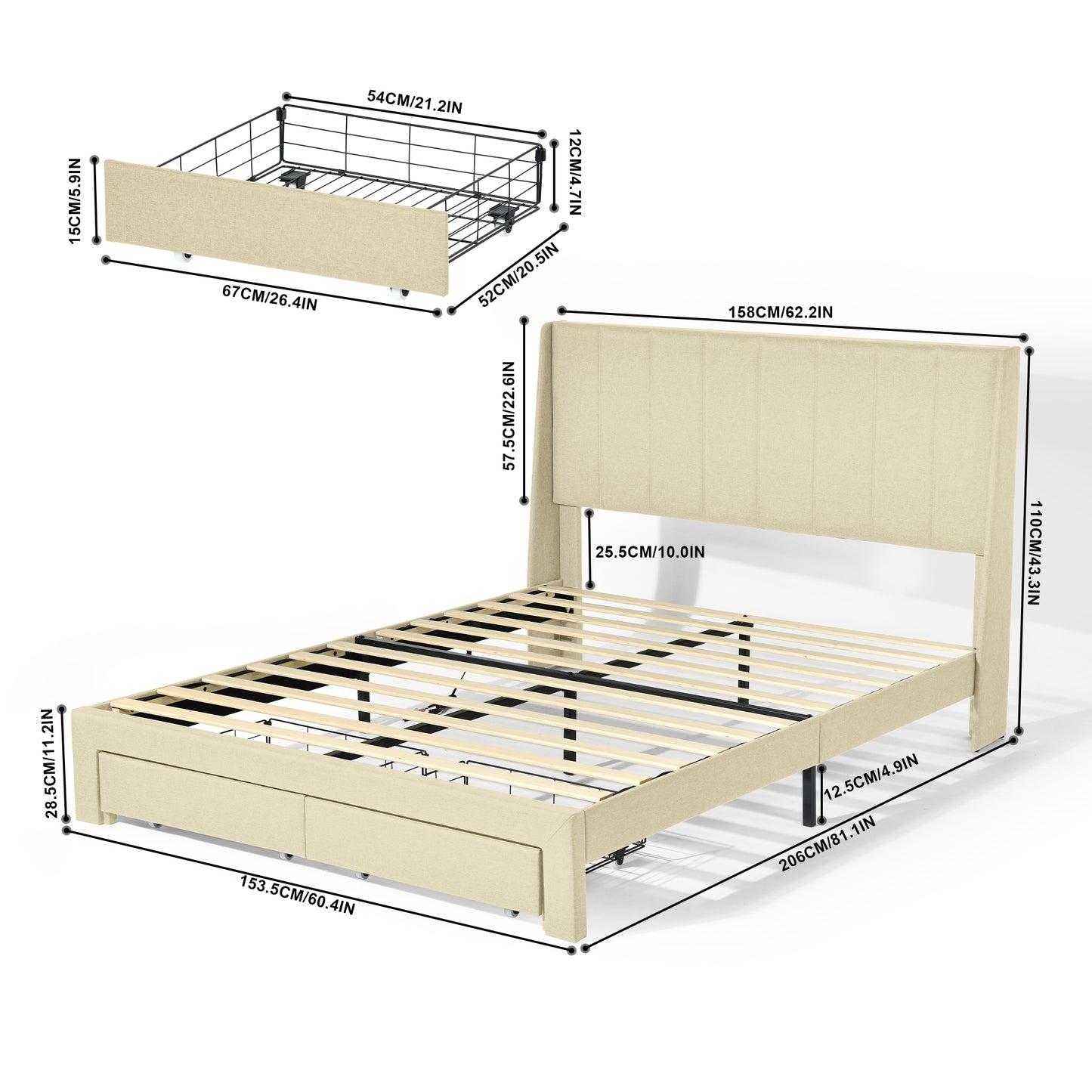 Summit Upholstered Storage Bed Frame with USB Charging, Queen, Beige