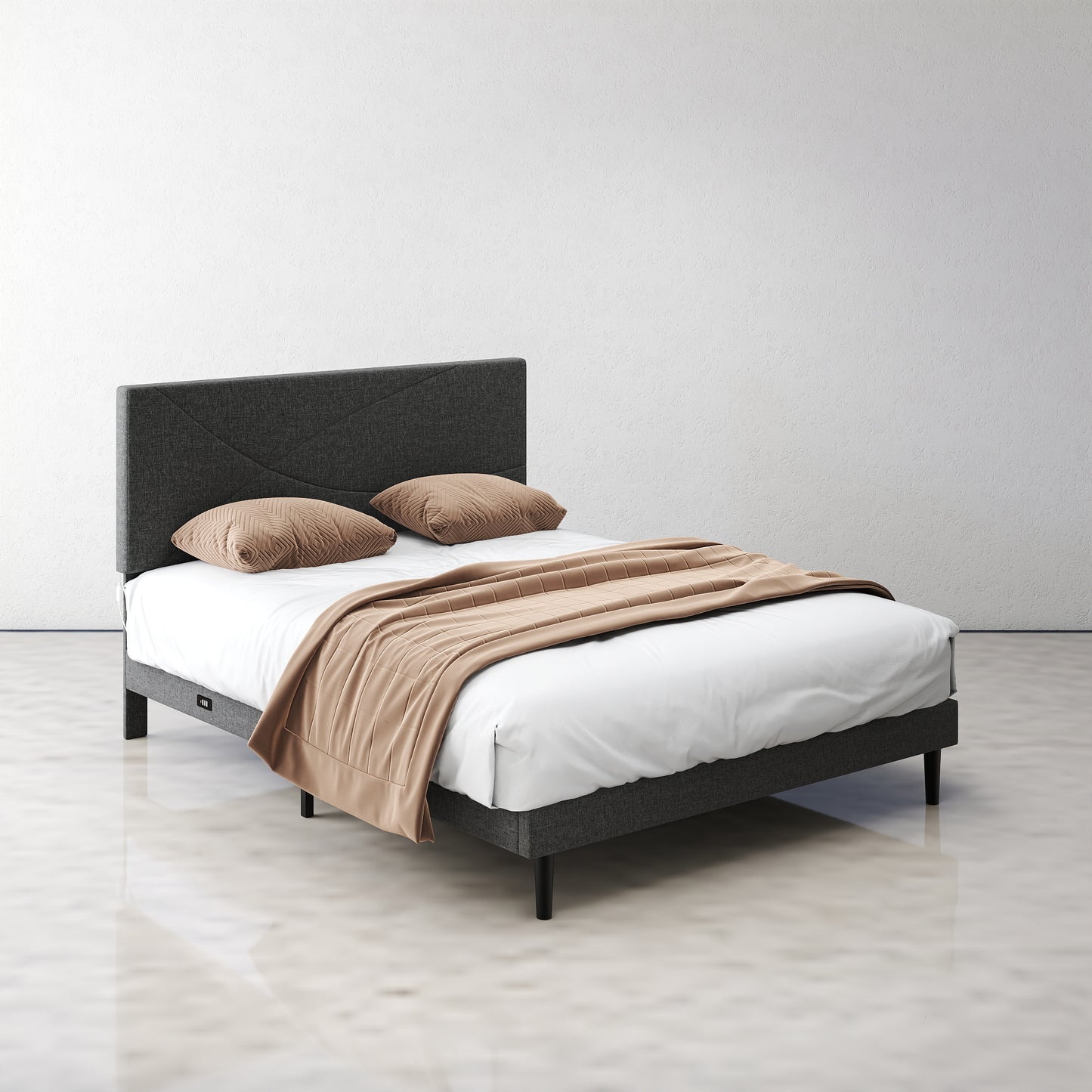 Foothill Upholstered Bed and Baseline Black Folding Tray Table, 2-Piece Bedroom Comfort Bundle, Queen Size, Grey