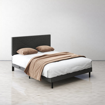 Foothill Upholstered Bed and Baseline Black Folding Tray Table, 2-Piece Bedroom Comfort Bundle, Queen Size, Grey