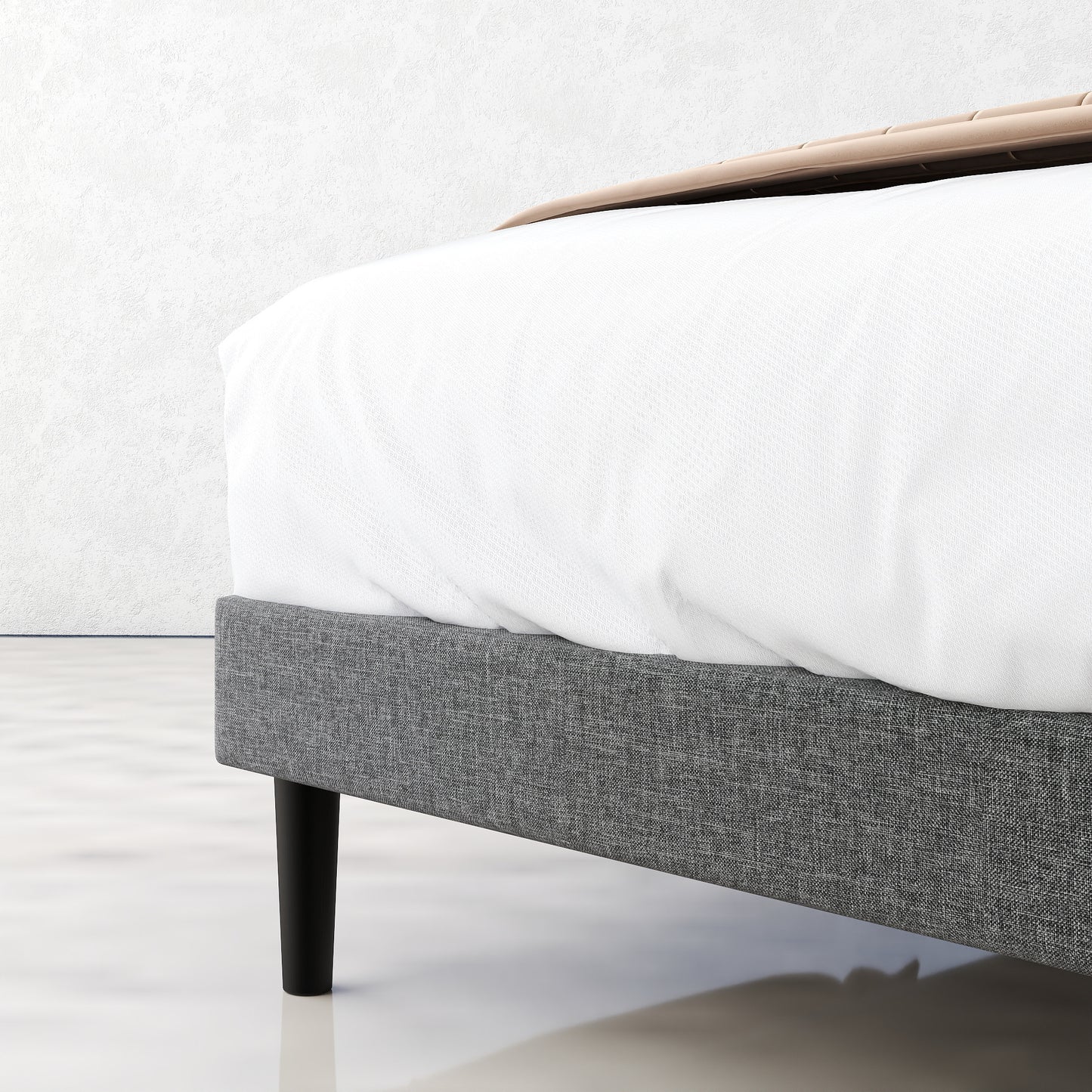 Foothill Upholstered Bed and Baseline Black Folding Tray Table, 2-Piece Bedroom Comfort Bundle, Queen Size, Grey