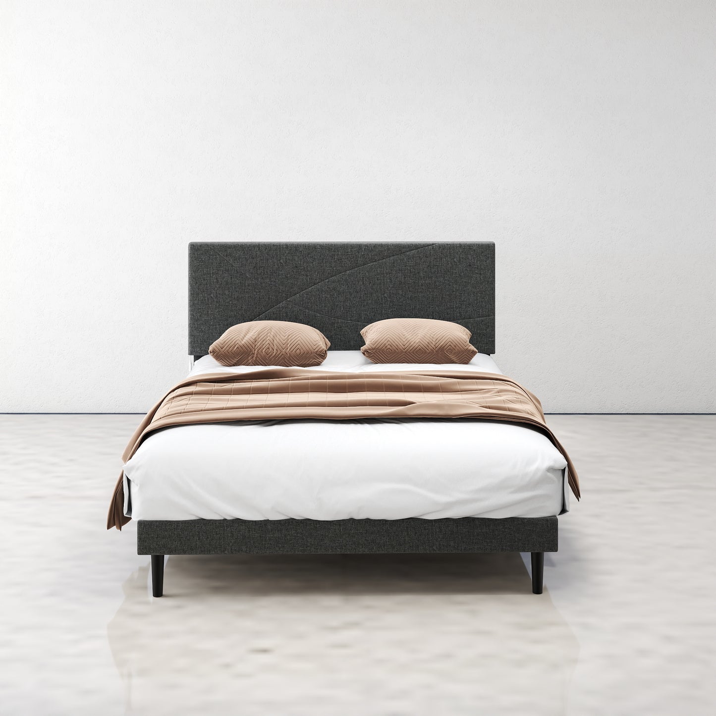 Foothill Upholstered Bed and Baseline Black Folding Tray Table, 2-Piece Bedroom Comfort Bundle, Queen Size, Grey