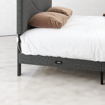 Foothill LED Upholstered Platform Bed with USB Ports, Queen, Grey