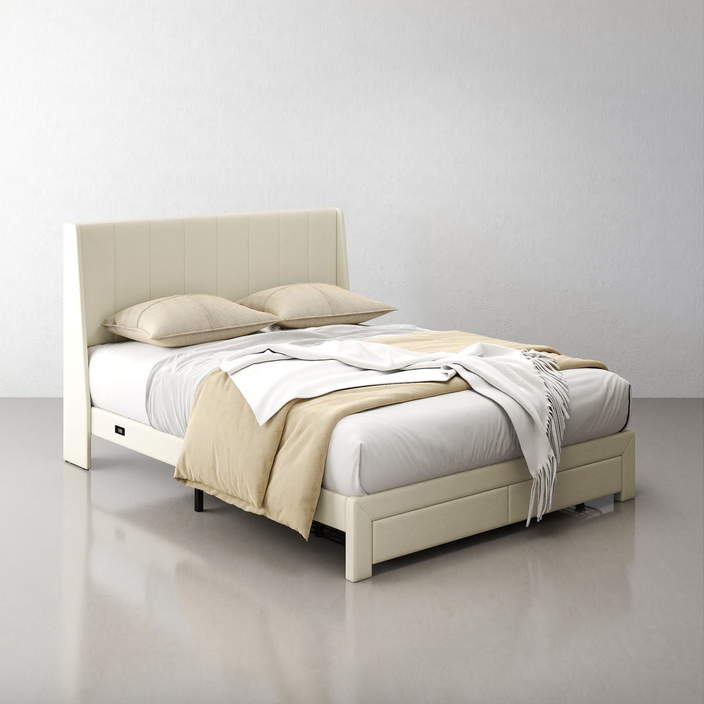 Summit Upholstered Storage Bed Frame with USB Charging, Queen, Beige