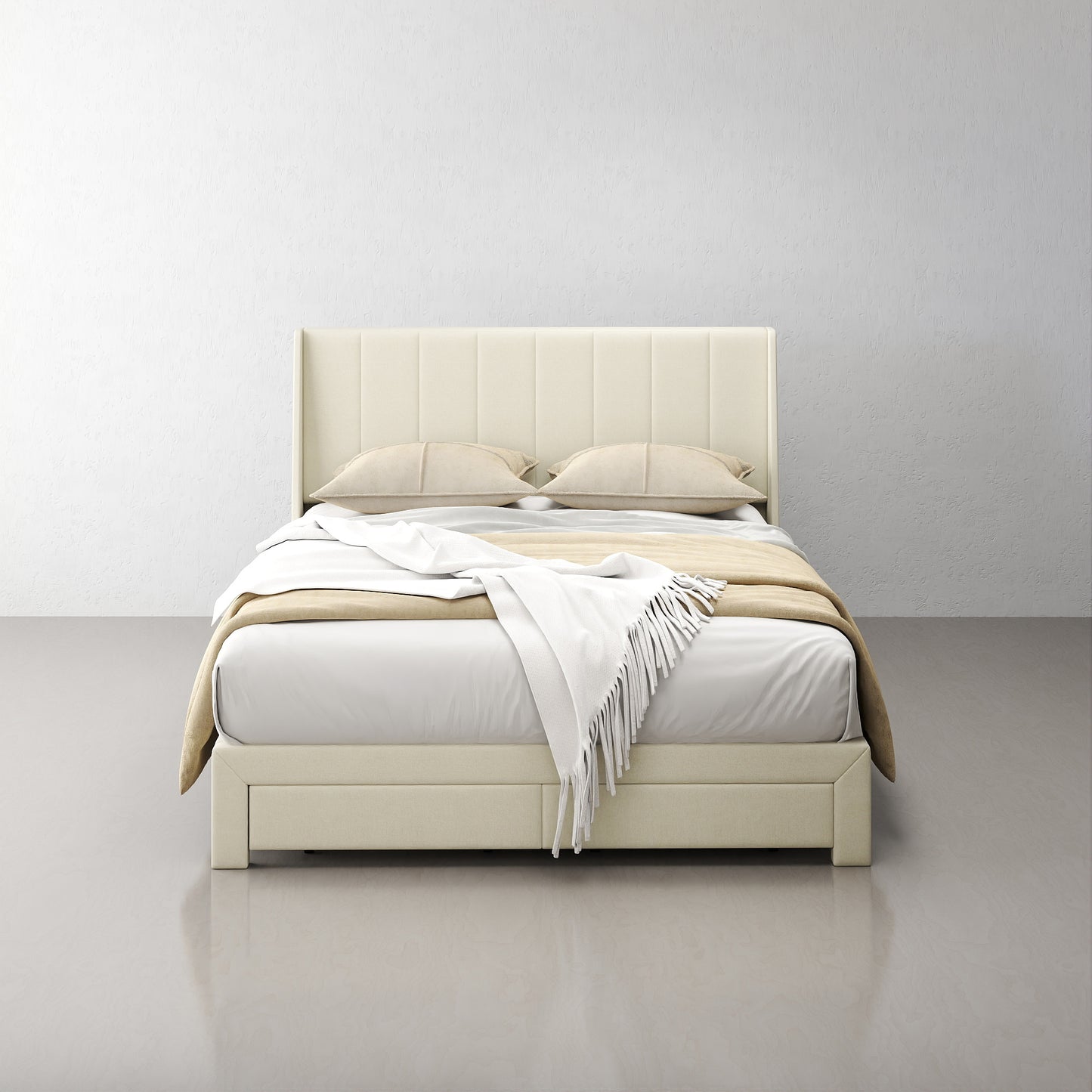 Summit Upholstered Storage Bed Frame with USB Charging, Queen, Beige