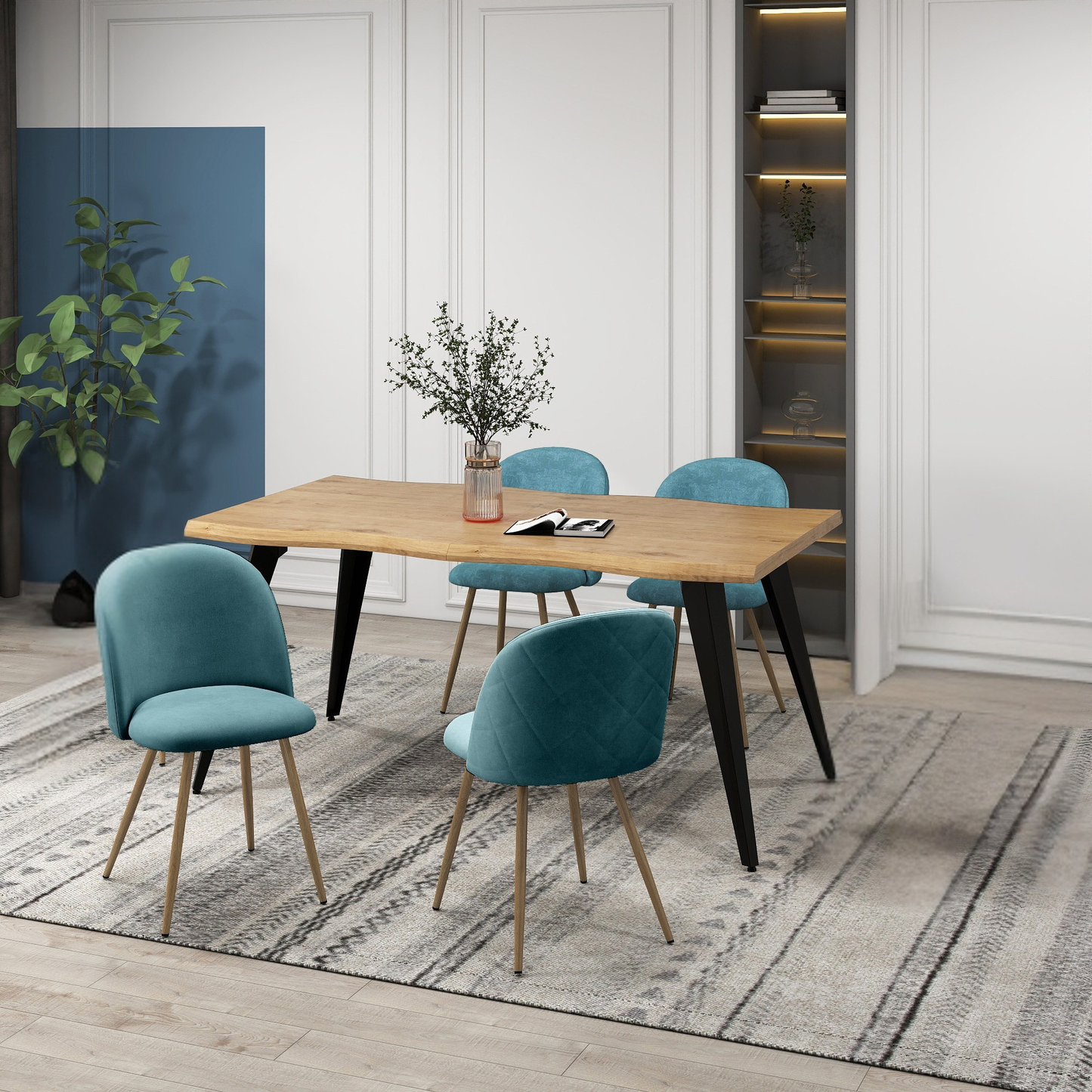 Lancelot Wooden Dining Table Set with Puzzle Side Chairs, 5-Piece Set, Aloe Blue Fabric