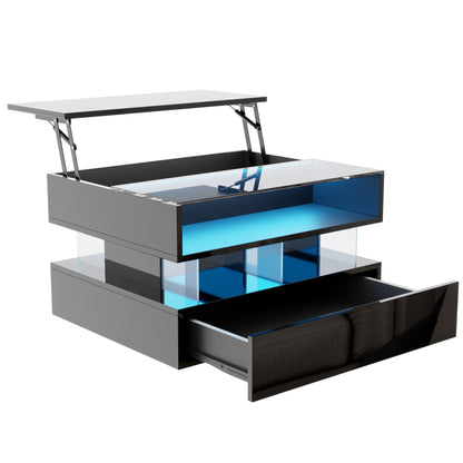 Evalo High-Gloss LED Lift-Top Coffee Table with Drawer Storage, Black