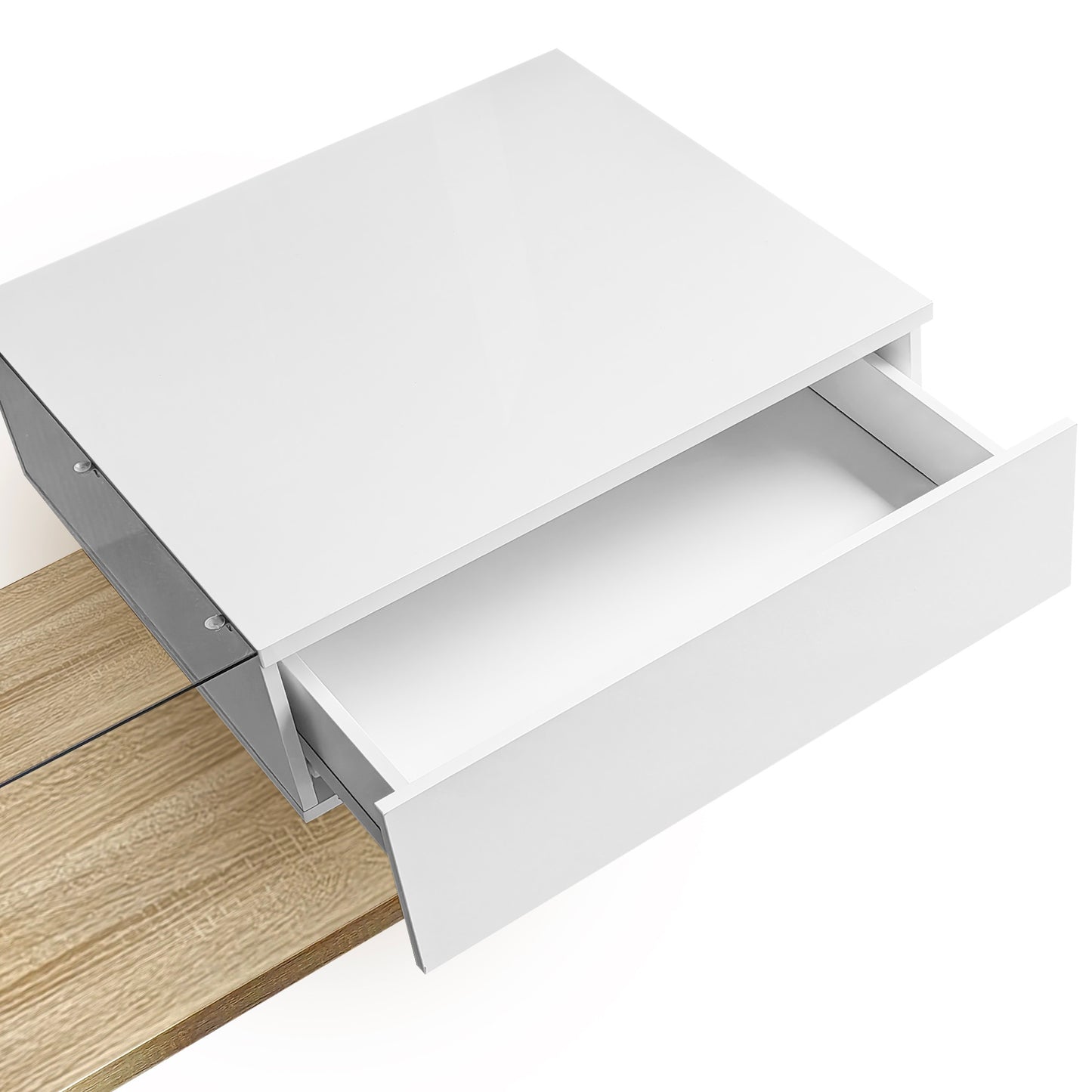 Cavara High-Gloss LED Coffee Table with Glass Top and Storage, White & Wood-Grain