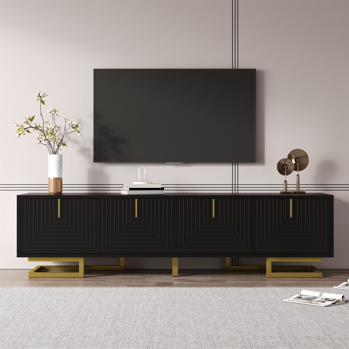 Meridian Geometric TV Stand with Gold Accents, 63", Black