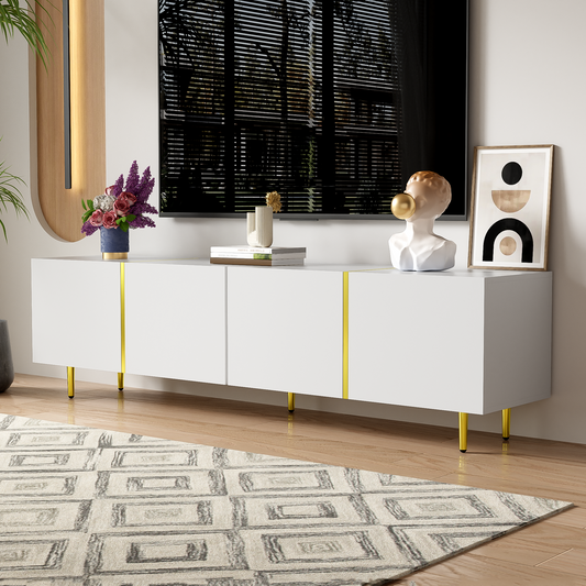 Goldridge Lacquered White TV Stand with Storage, 67", White and Gold Accent