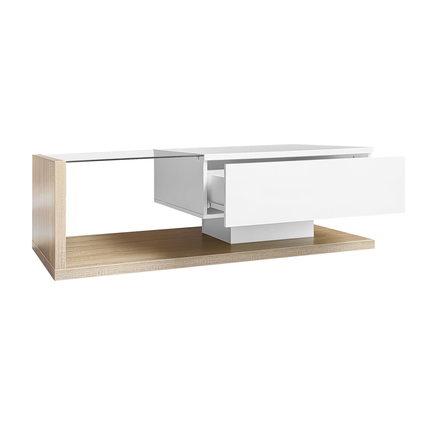 Cavara High-Gloss LED Coffee Table with Glass Top and Storage, White & Wood-Grain