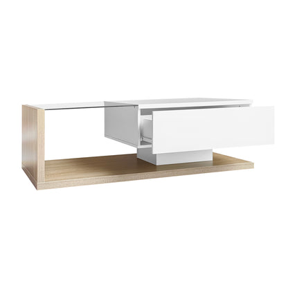 Cavara High-Gloss LED Coffee Table with Glass Top and Storage, White & Wood-Grain