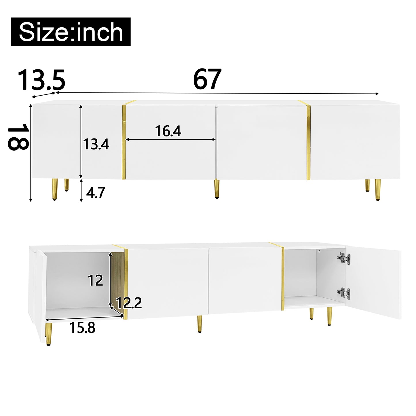 Goldridge Lacquered White TV Stand with Storage, 67", White and Gold Accent
