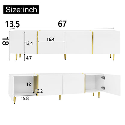 Goldridge Lacquered White TV Stand with Storage, 67", White and Gold Accent