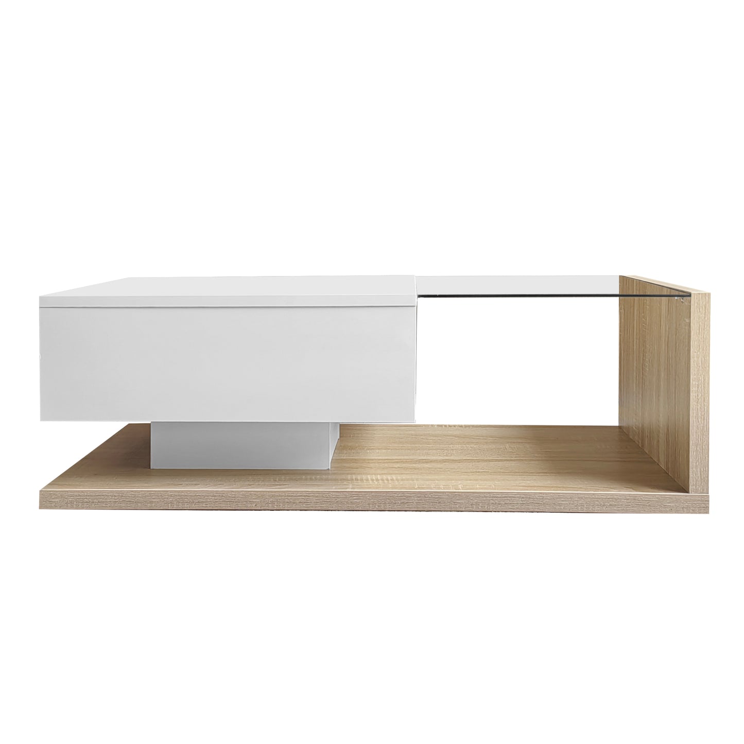 Cavara High-Gloss LED Coffee Table with Glass Top and Storage, White & Wood-Grain