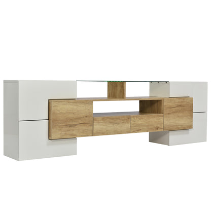 Yorkton TV Stand High-Gloss Modern with LED Lights, 78.7", White and Natural Oak