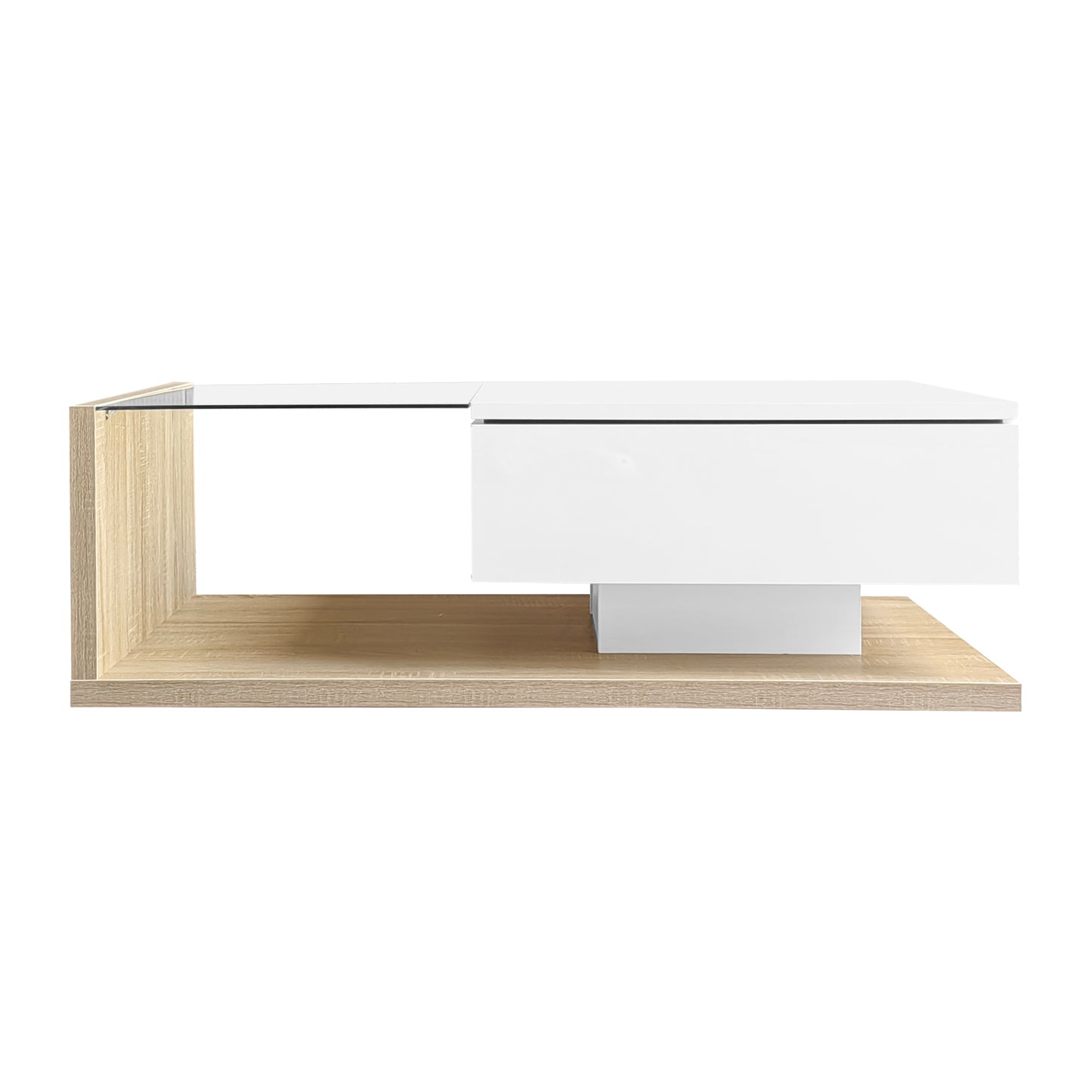 Cavara High-Gloss LED Coffee Table with Glass Top and Storage, White & Wood-Grain