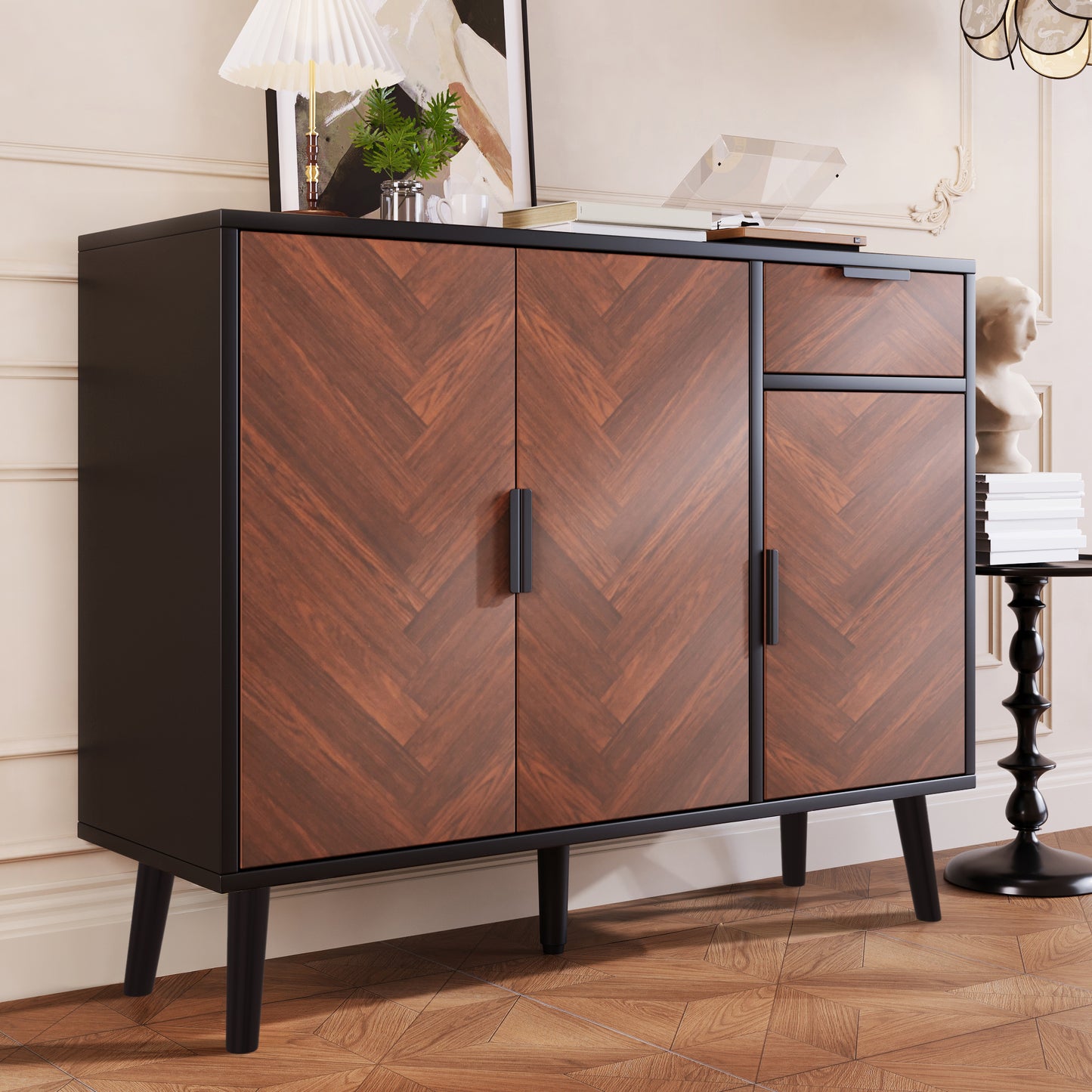 Ashbury Chevron Storage Cabinet, 35.5", Black with Wooden Doors