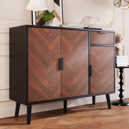 Ashbury Chevron Storage Cabinet, 35.5", Black with Wooden Doors