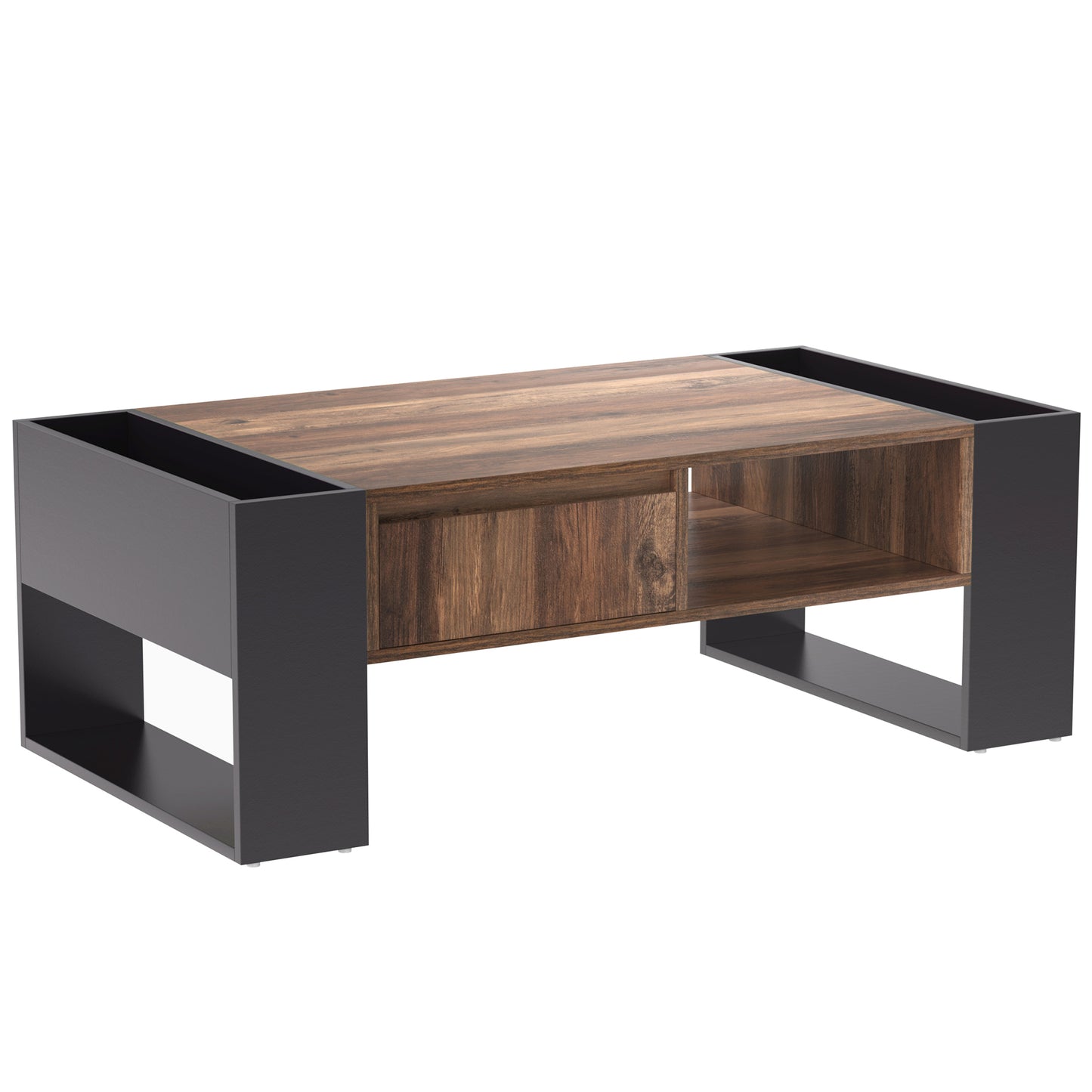 Ravenna Wood-Pattern Coffee Table with Open Side Storage and Drawer, Wood/Grey-Black