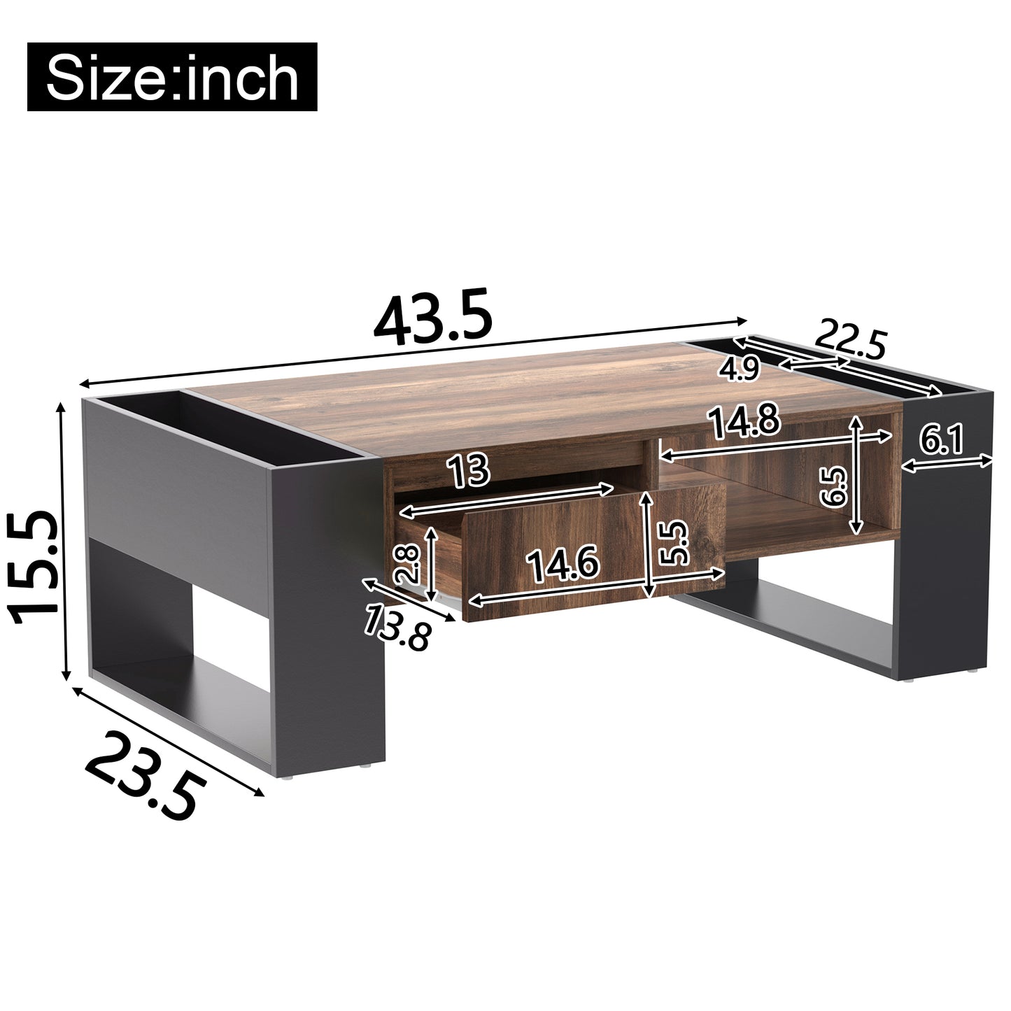 Ravenna Wood-Pattern Coffee Table with Open Side Storage and Drawer, Wood/Grey-Black