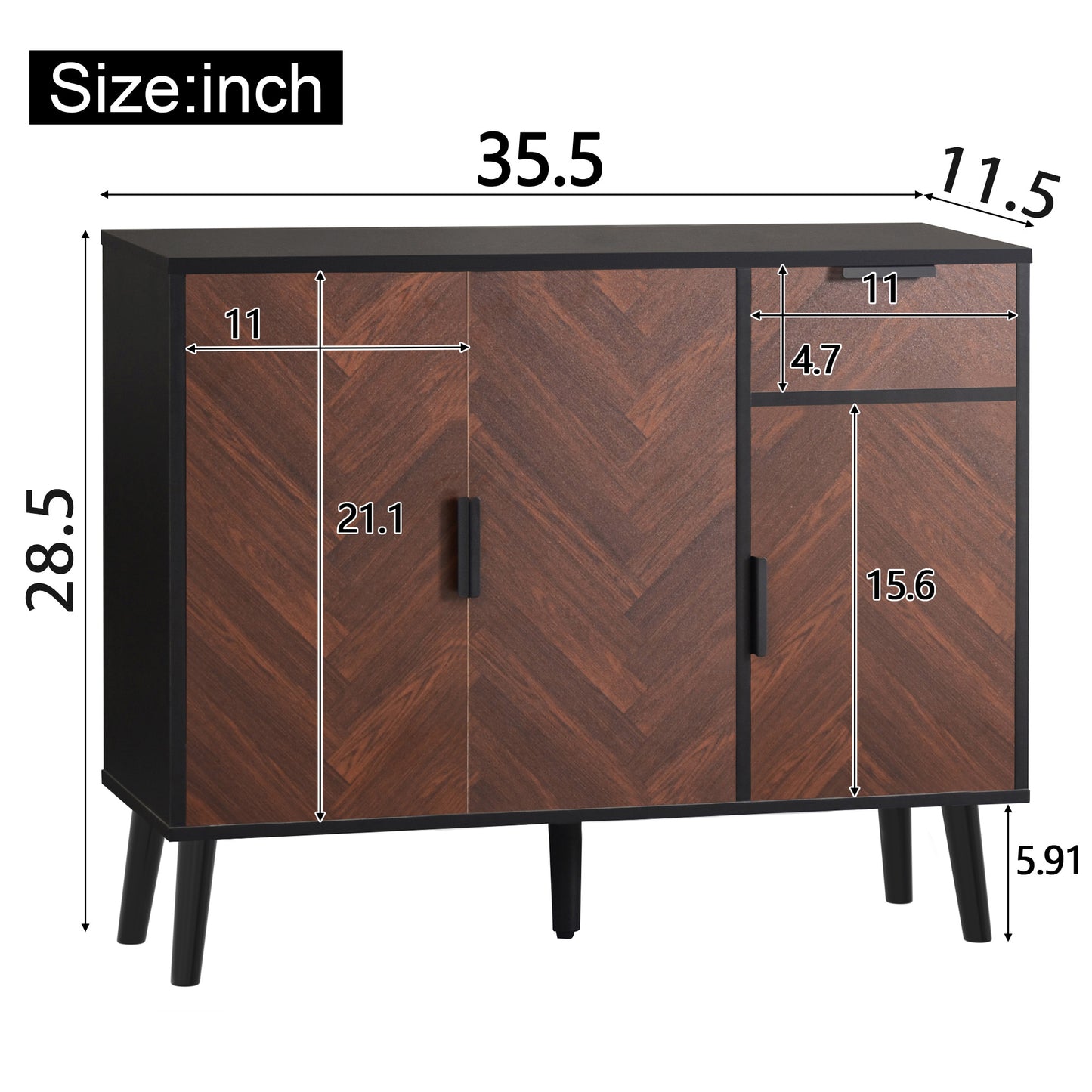 Ashbury Chevron Storage Cabinet, 35.5", Black with Wooden Doors