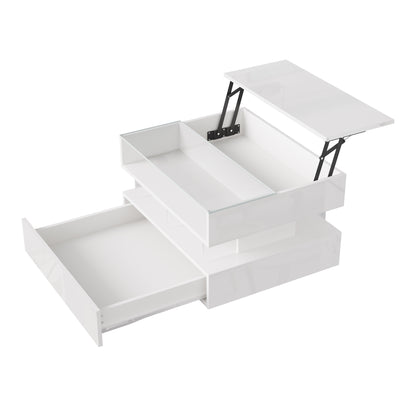 Evalo High-Gloss LED Lift-Top Coffee Table with Drawer Storage, White