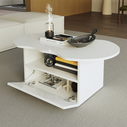 Aura Modern Coffee Table, Organic Curved Silhouette with Storage, White