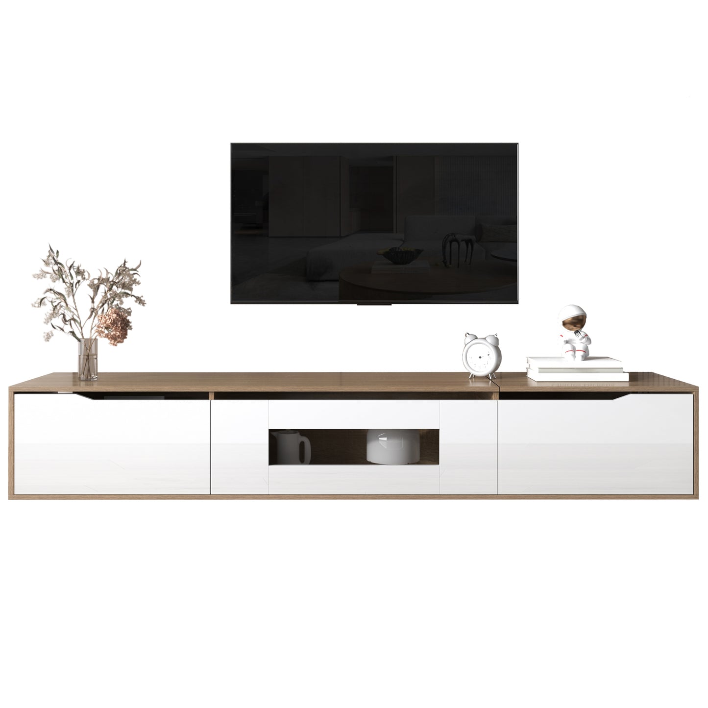 Rosemount LED TV Stand with Storage, 71", High-Gloss White and Oak Finish