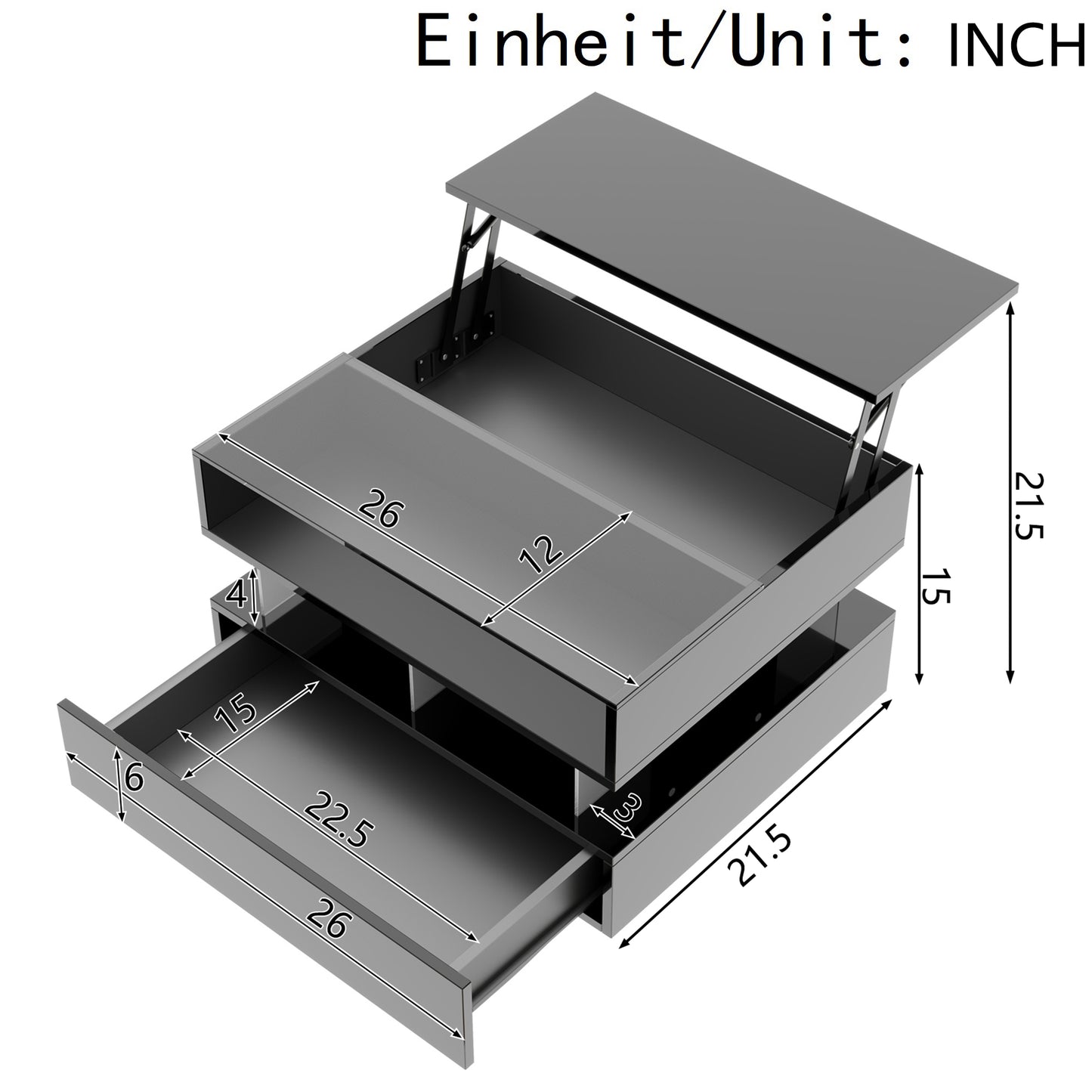 Evalo High-Gloss LED Lift-Top Coffee Table with Drawer Storage, Black