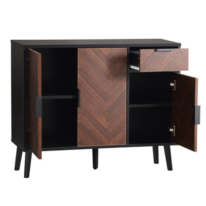 Ashbury Chevron Storage Cabinet, 35.5", Black with Wooden Doors