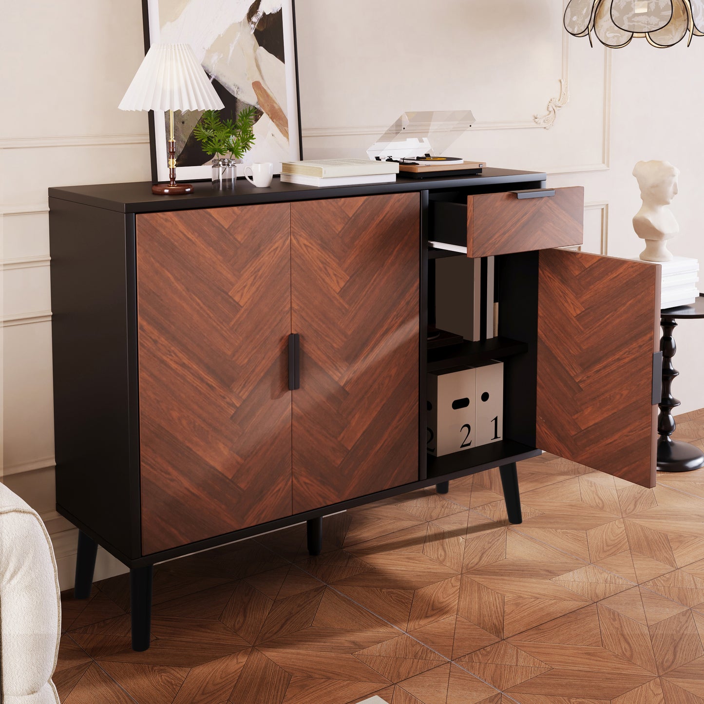 Ashbury Chevron Storage Cabinet, 35.5", Black with Wooden Doors