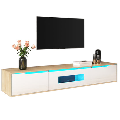 Rosemount LED TV Stand with Storage, 71", High-Gloss White and Oak Finish