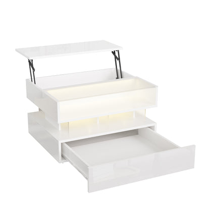 Evalo High-Gloss LED Lift-Top Coffee Table with Drawer Storage, White