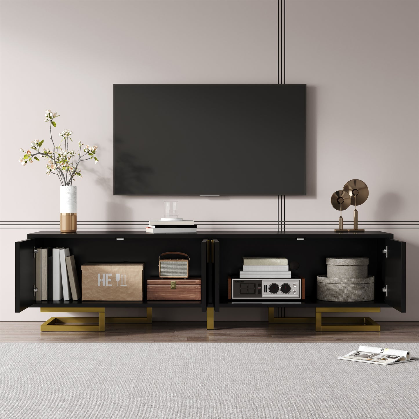 Meridian Geometric TV Stand with Gold Accents, 63", Black