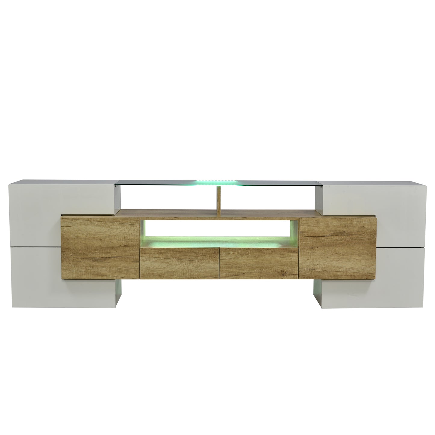 Yorkton TV Stand High-Gloss Modern with LED Lights, 78.7", White and Natural Oak