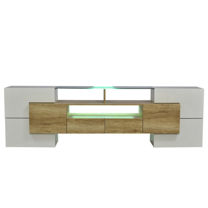 Yorkton TV Stand High-Gloss Modern with LED Lights, 78.7", White and Natural Oak