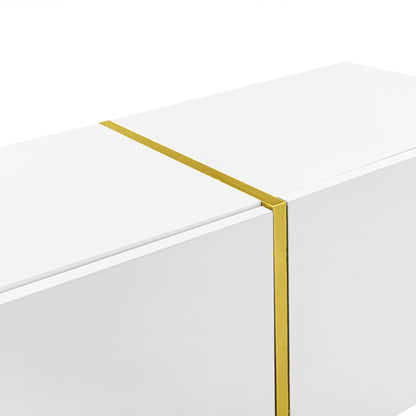 Goldridge Lacquered White TV Stand with Storage, 67", White and Gold Accent