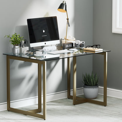 Slip Glass Desk with Ross Swivel Task Chair, 2-Piece Home Office Bundle, Brown Faux Suede