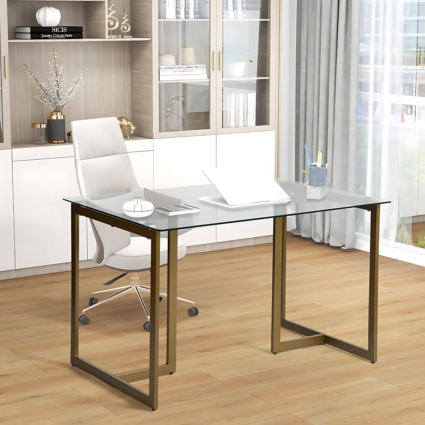 Slip Glass Top Dining Table, 47.2" Rectangular, Golden Metal Base
