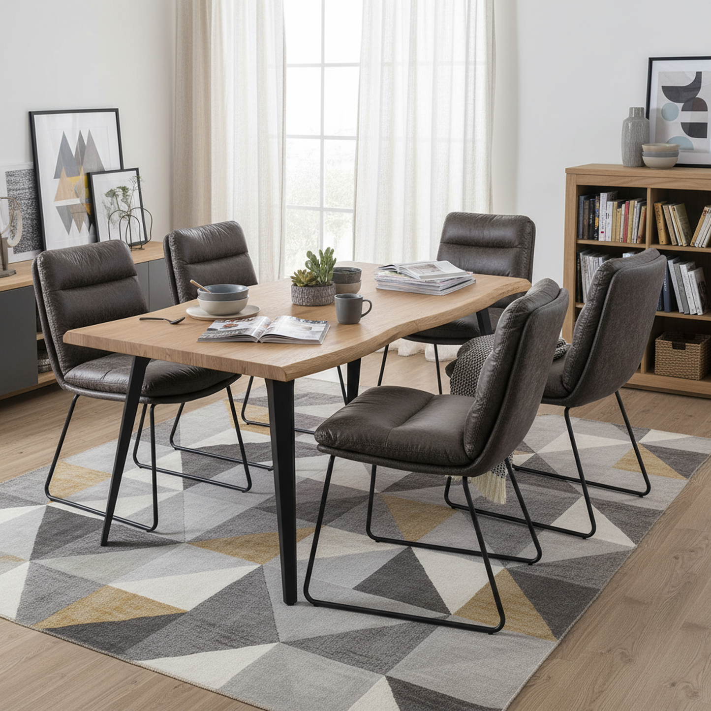 Lancelot Wooden Dining Table Set with Steffen Side Chairs, 7-Piece Set, Grey Faux Leather